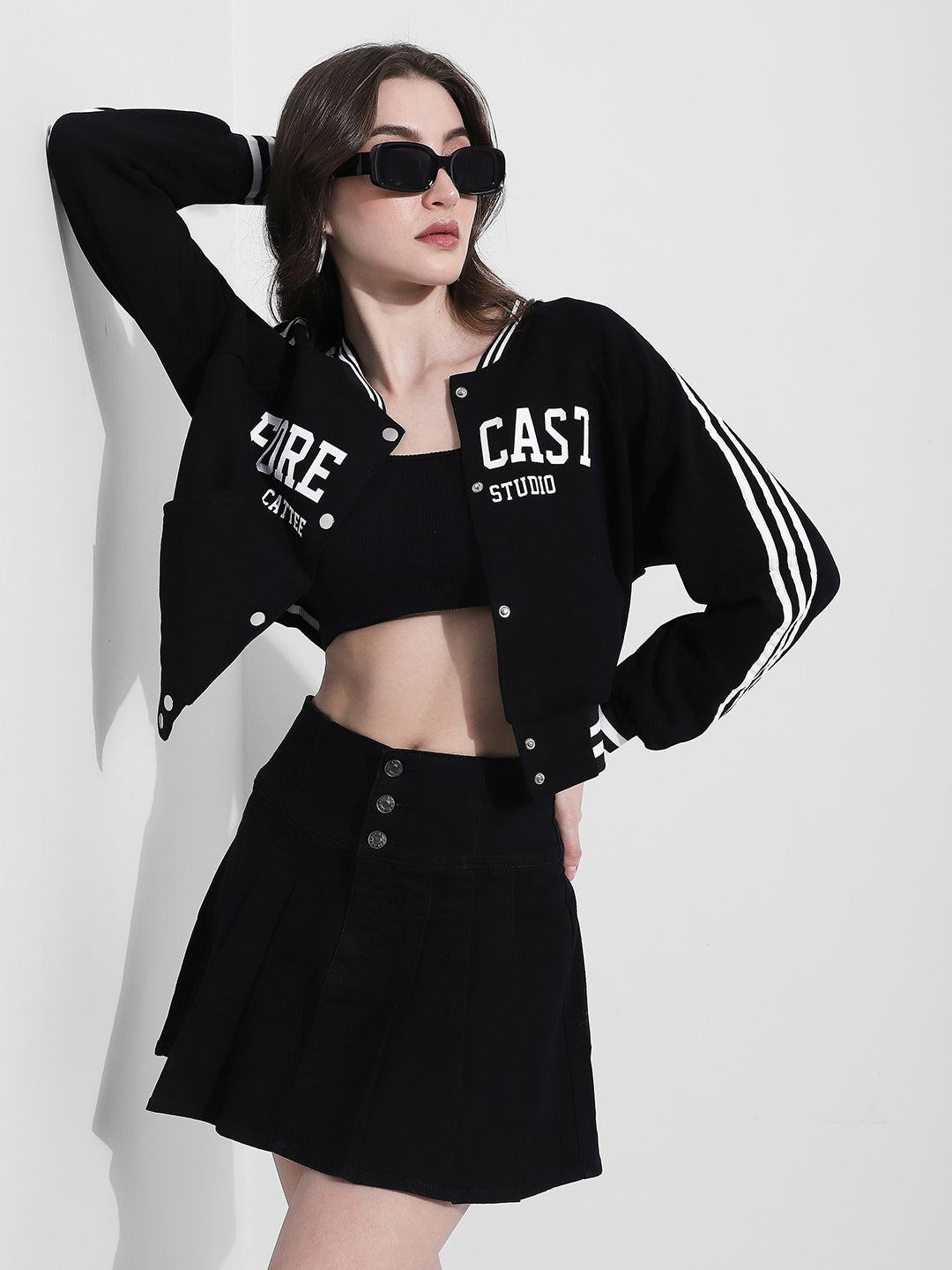 Women's Graphic Print Black Varsity Jacket