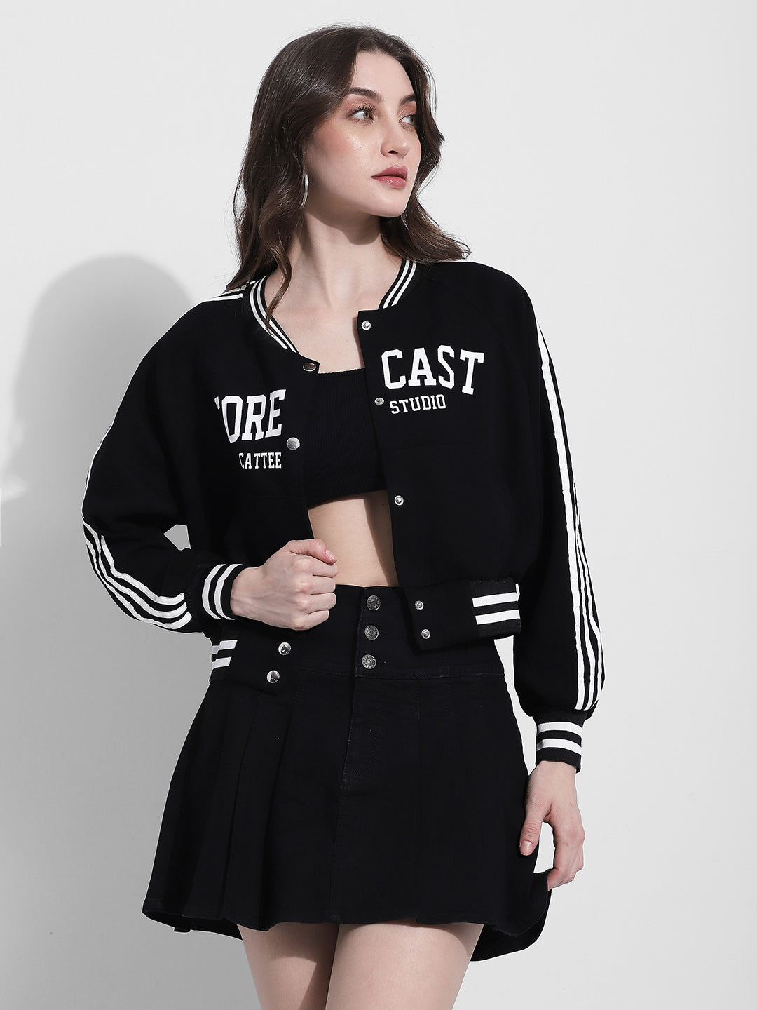 Women's Graphic Print Black Varsity Jacket