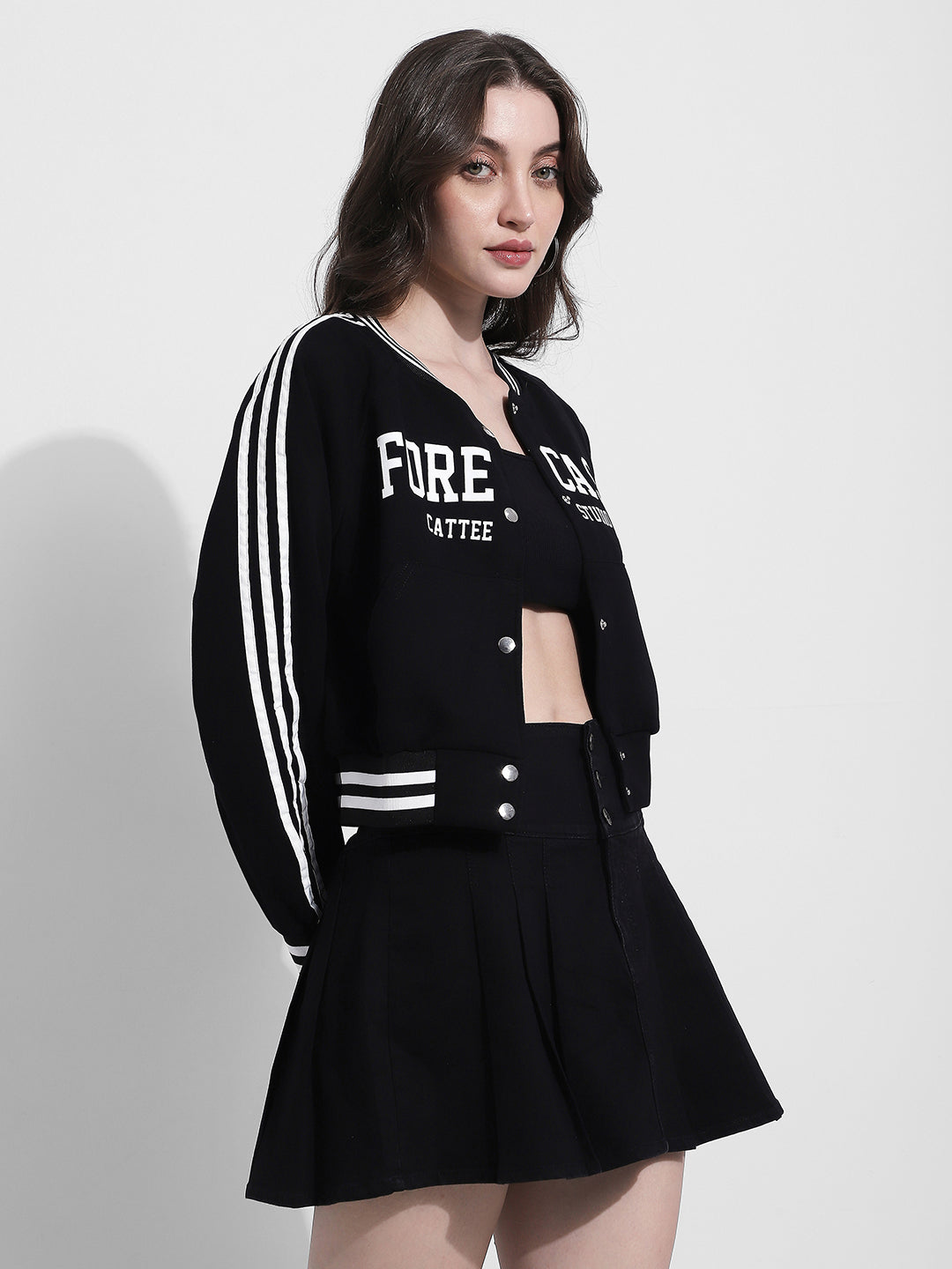 Women's Graphic Print Black Varsity Jacket