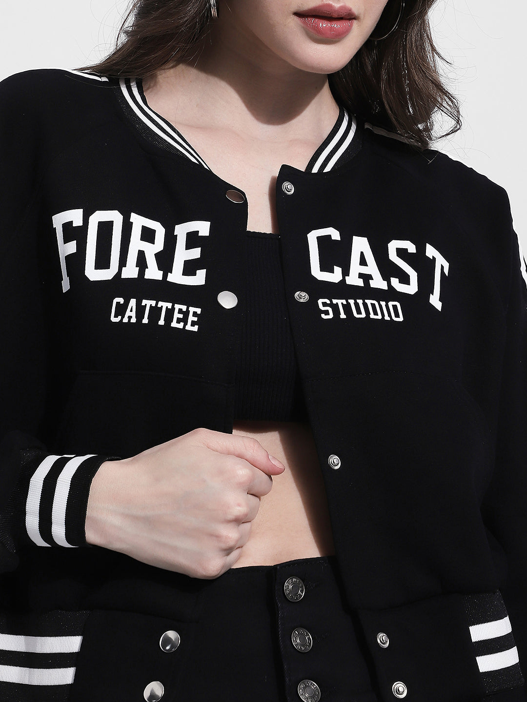 Women's Graphic Print Black Varsity Jacket