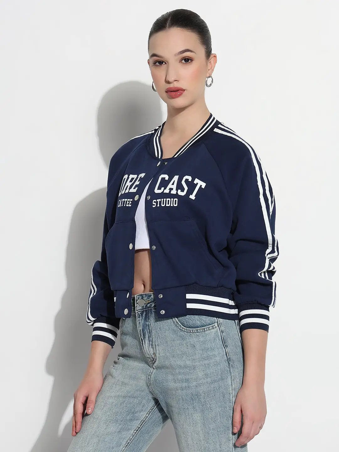 Women's Typography Navy Blue Mandarin Collar Relaxed Fit Varsity Jacket - from SHOWOFFFF