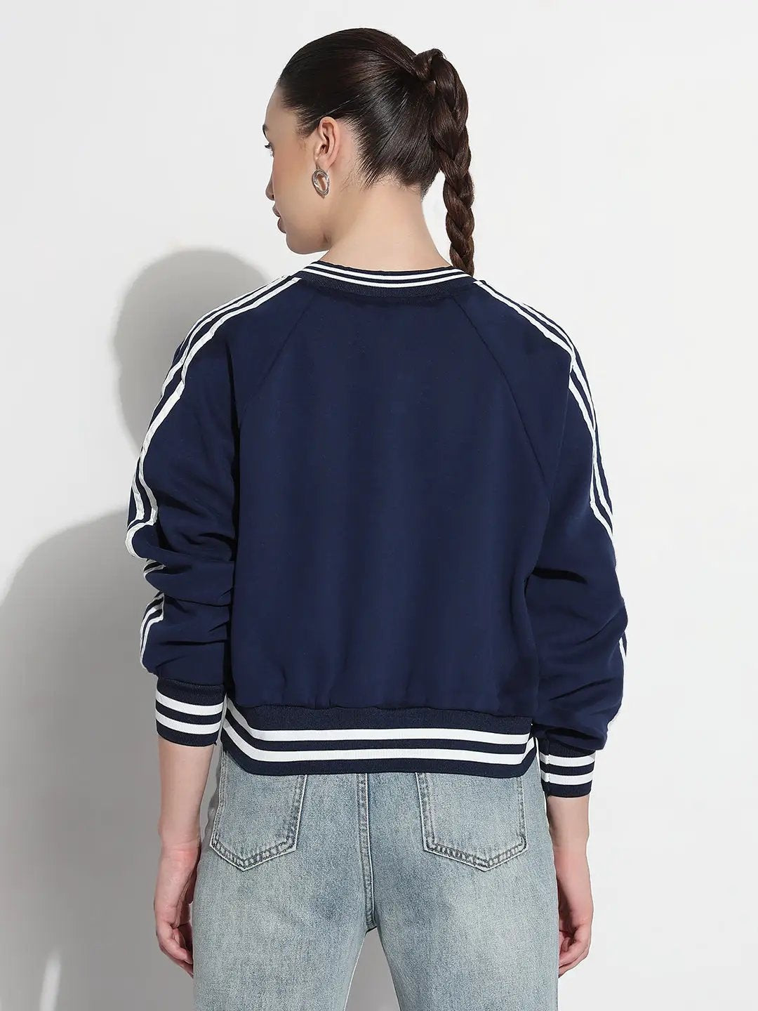 Women's Typography Navy Blue Mandarin Collar Relaxed Fit Varsity Jacket - from SHOWOFFFF