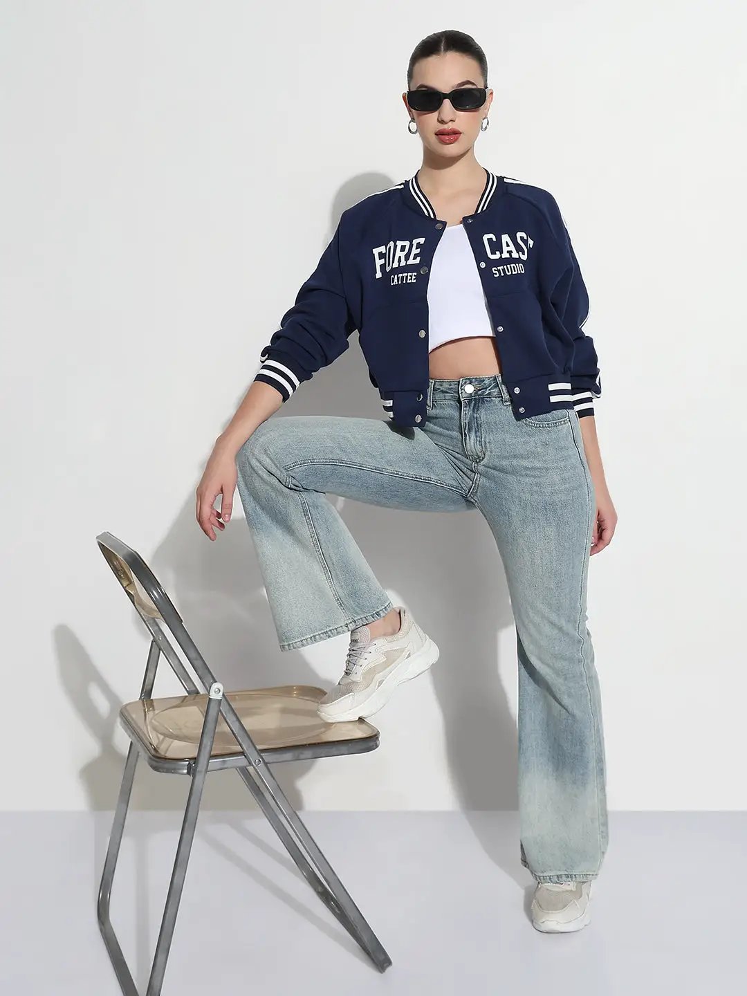 Women's Typography Navy Blue Mandarin Collar Relaxed Fit Varsity Jacket - from SHOWOFFFF