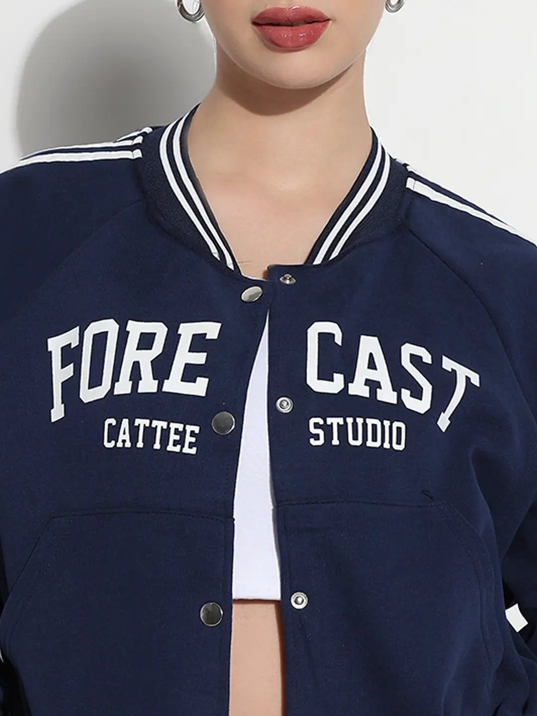 Women's Typography Navy Blue Mandarin Collar Relaxed Fit Varsity Jacket - from SHOWOFFFF