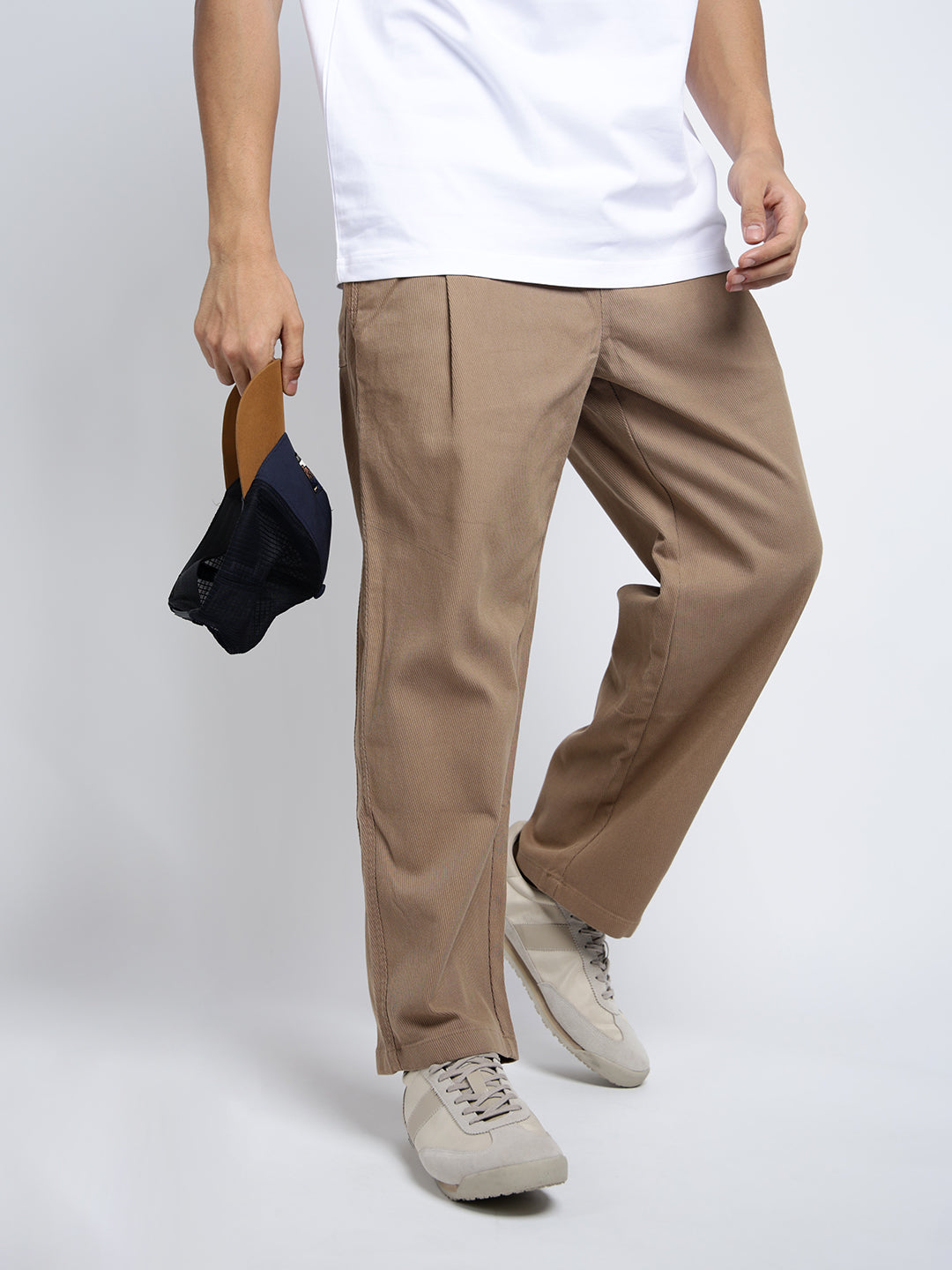 Men's Beige Relaxed Fit Trousers with Oversized Pockets