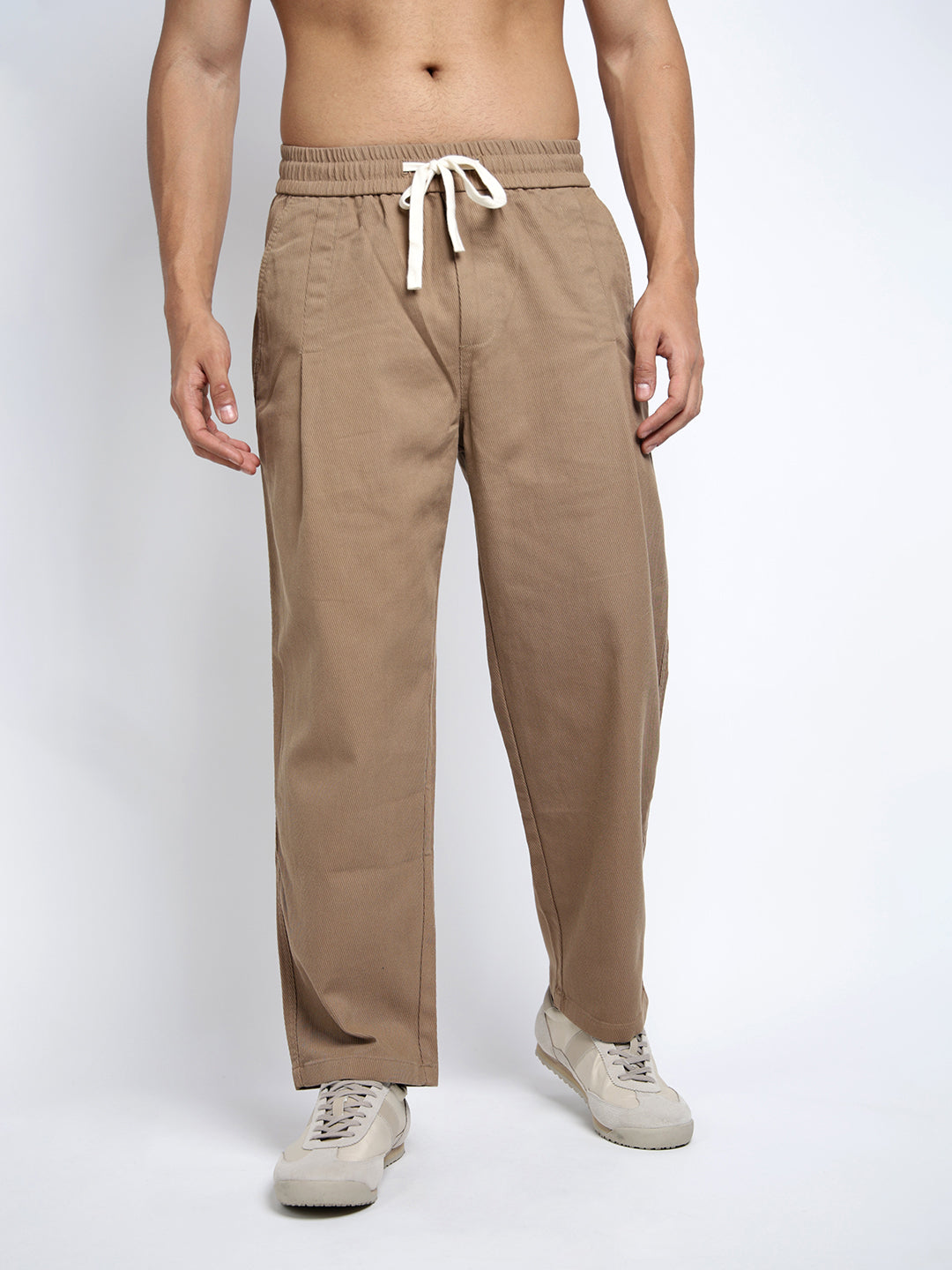 Men's Beige Relaxed Fit Trousers with Oversized Pockets