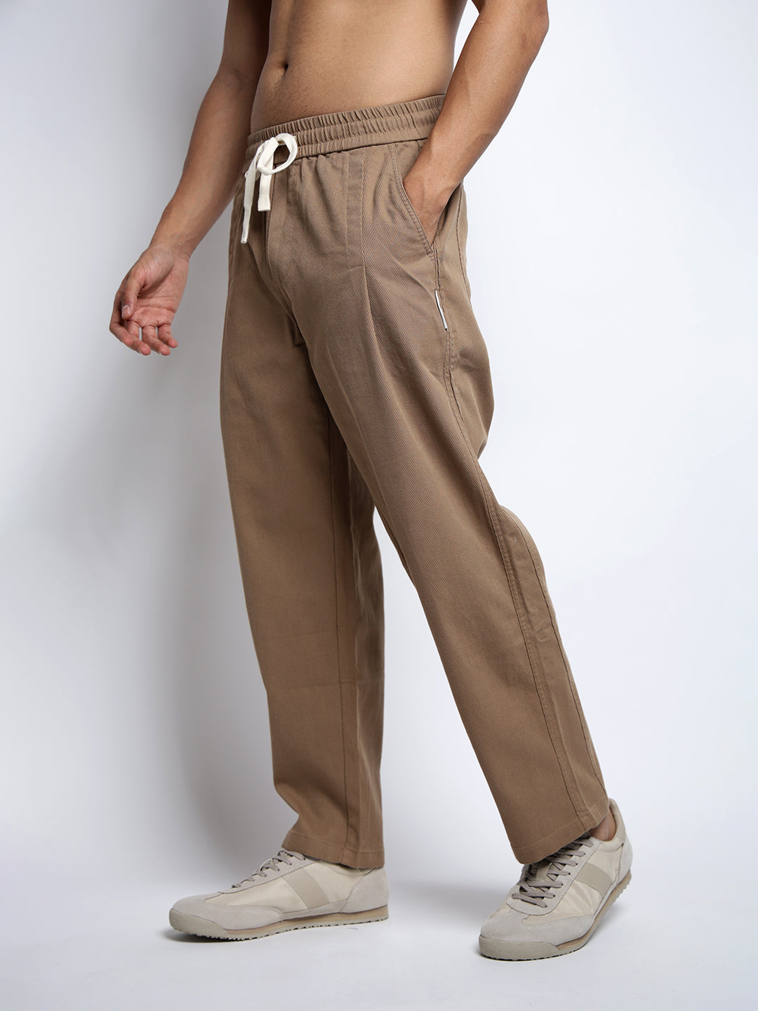 Men's Beige Relaxed Fit Trousers with Oversized Pockets