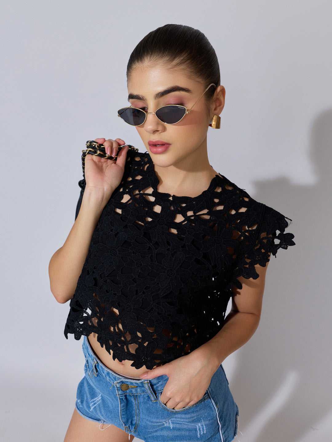 Women's Floral Crochet Black Top with Cap Sleeves