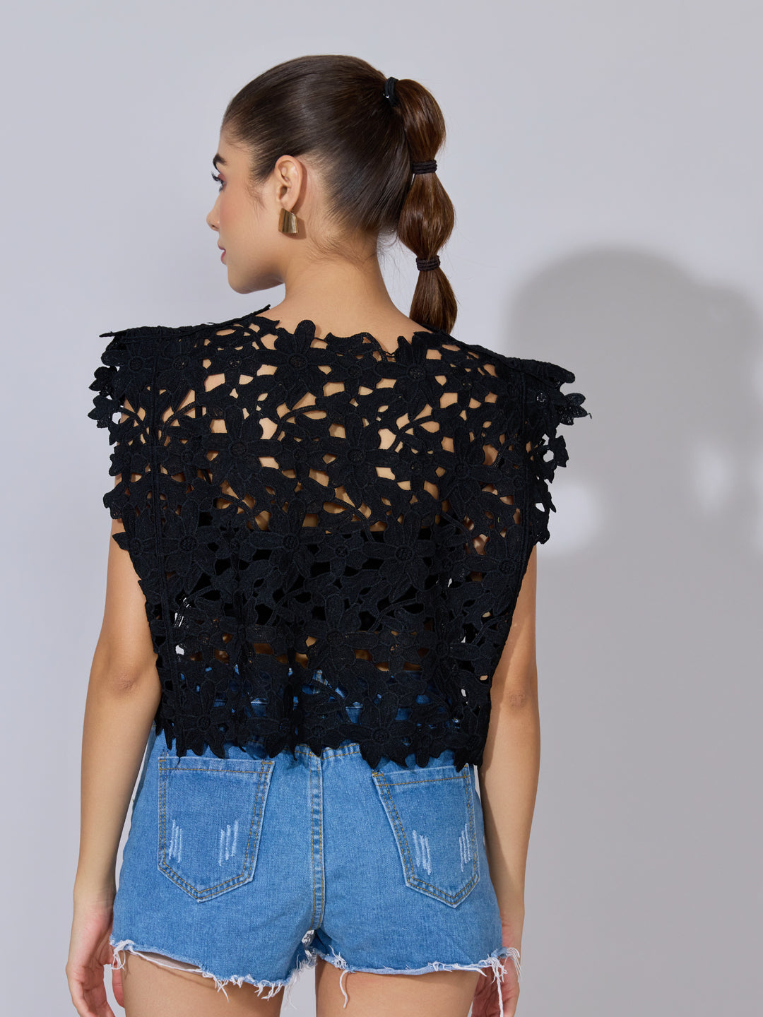 Women's Floral Crochet Black Top with Cap Sleeves