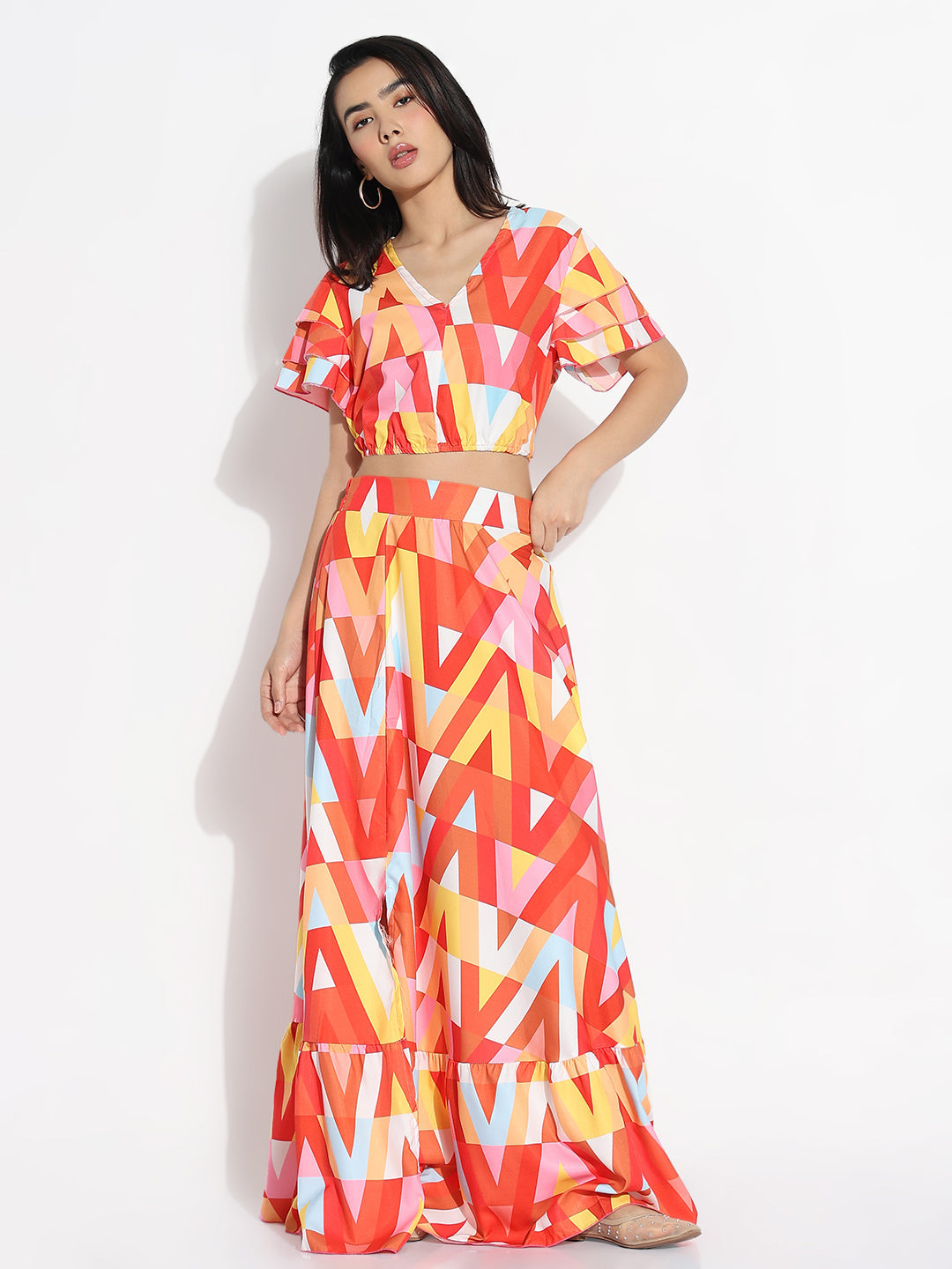 Women Orange Printed Top with Skirt Co-ords Set