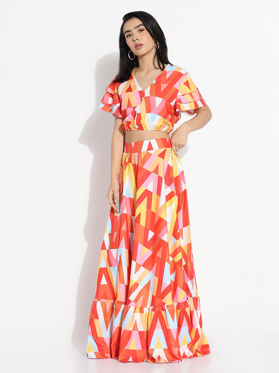 Women Orange Printed Top with Skirt Co-ords Set