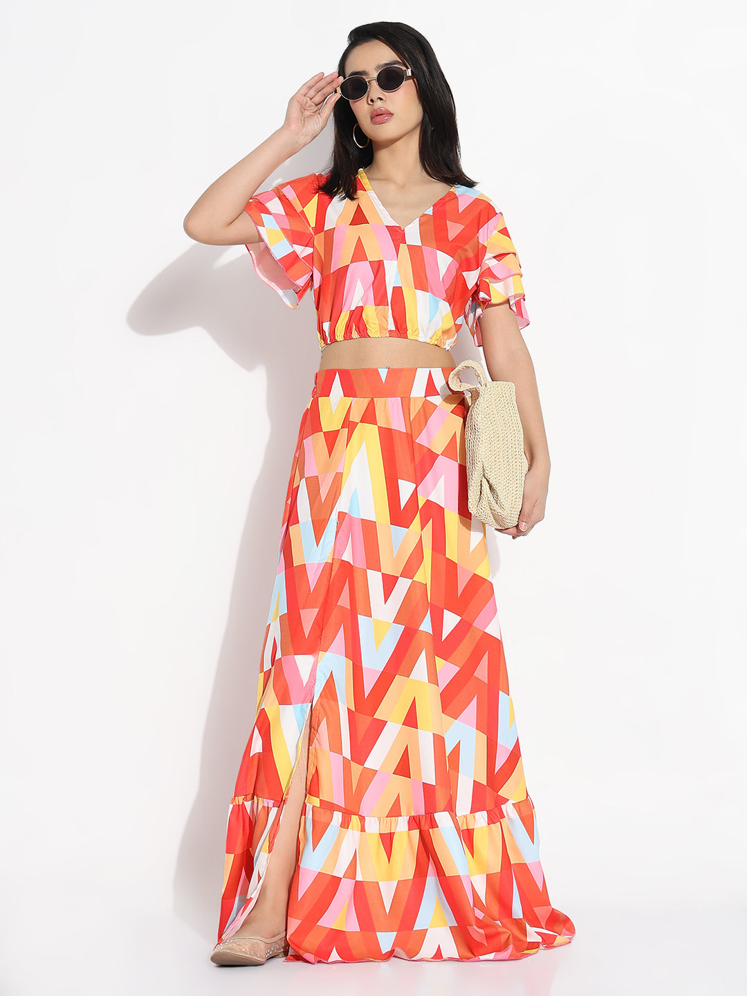 Women Orange Printed Top with Skirt Co-ords Set