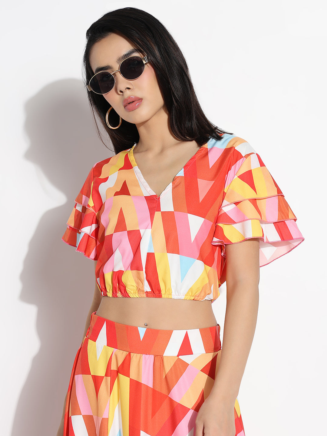 Women Orange Printed Top with Skirt Co-ords Set