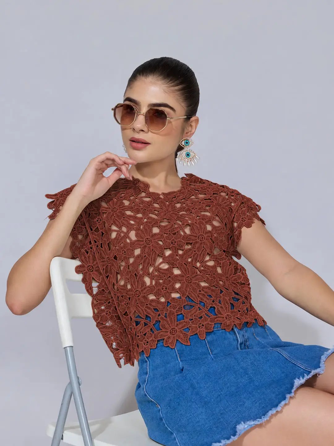 Women's Floral Crochet Rust Top with Cap Sleeves