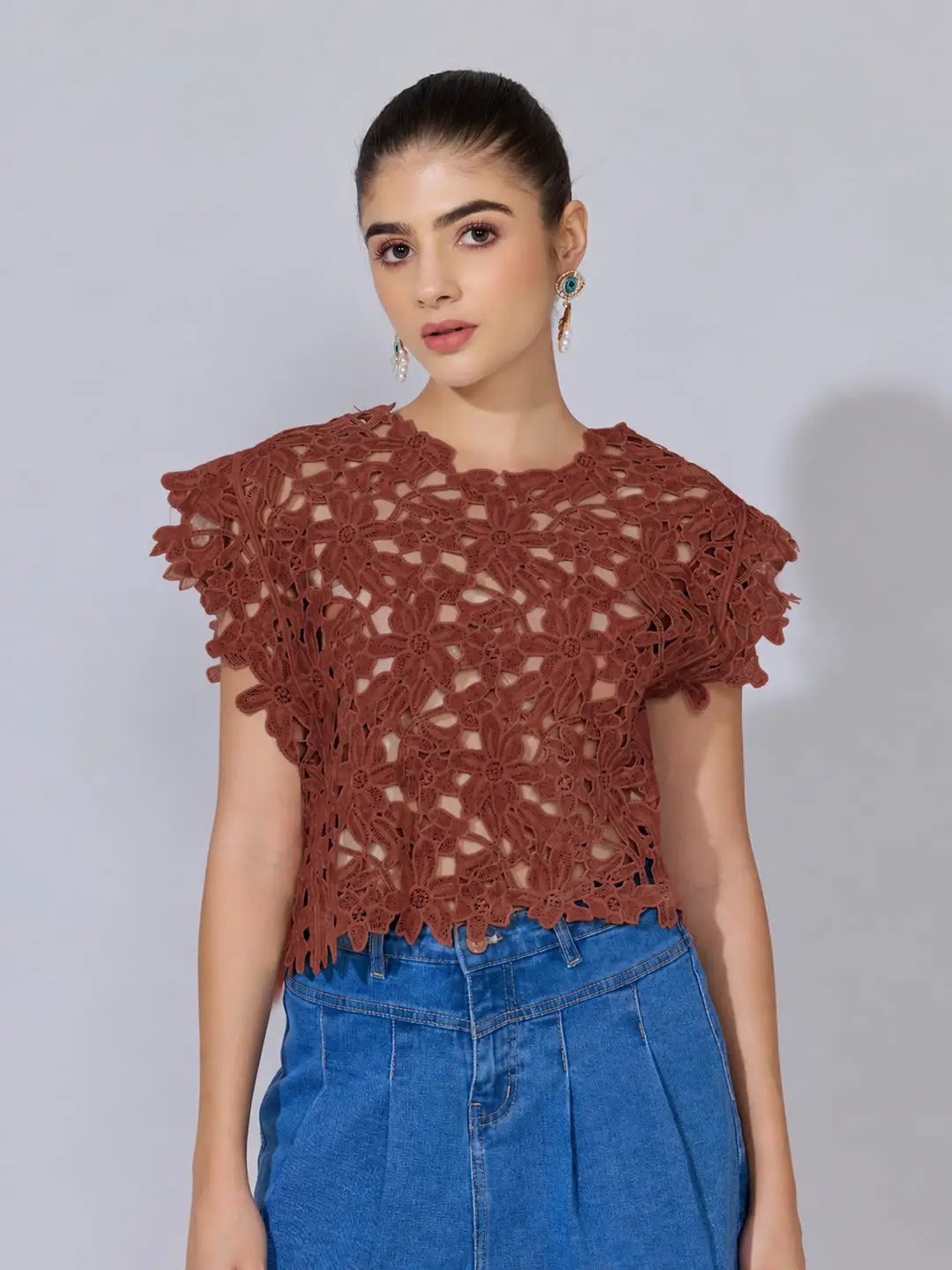 Women's Floral Crochet Rust Top with Cap Sleeves