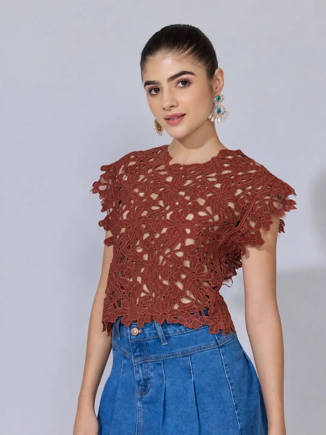 Women's Floral Crochet Rust Top with Cap Sleeves