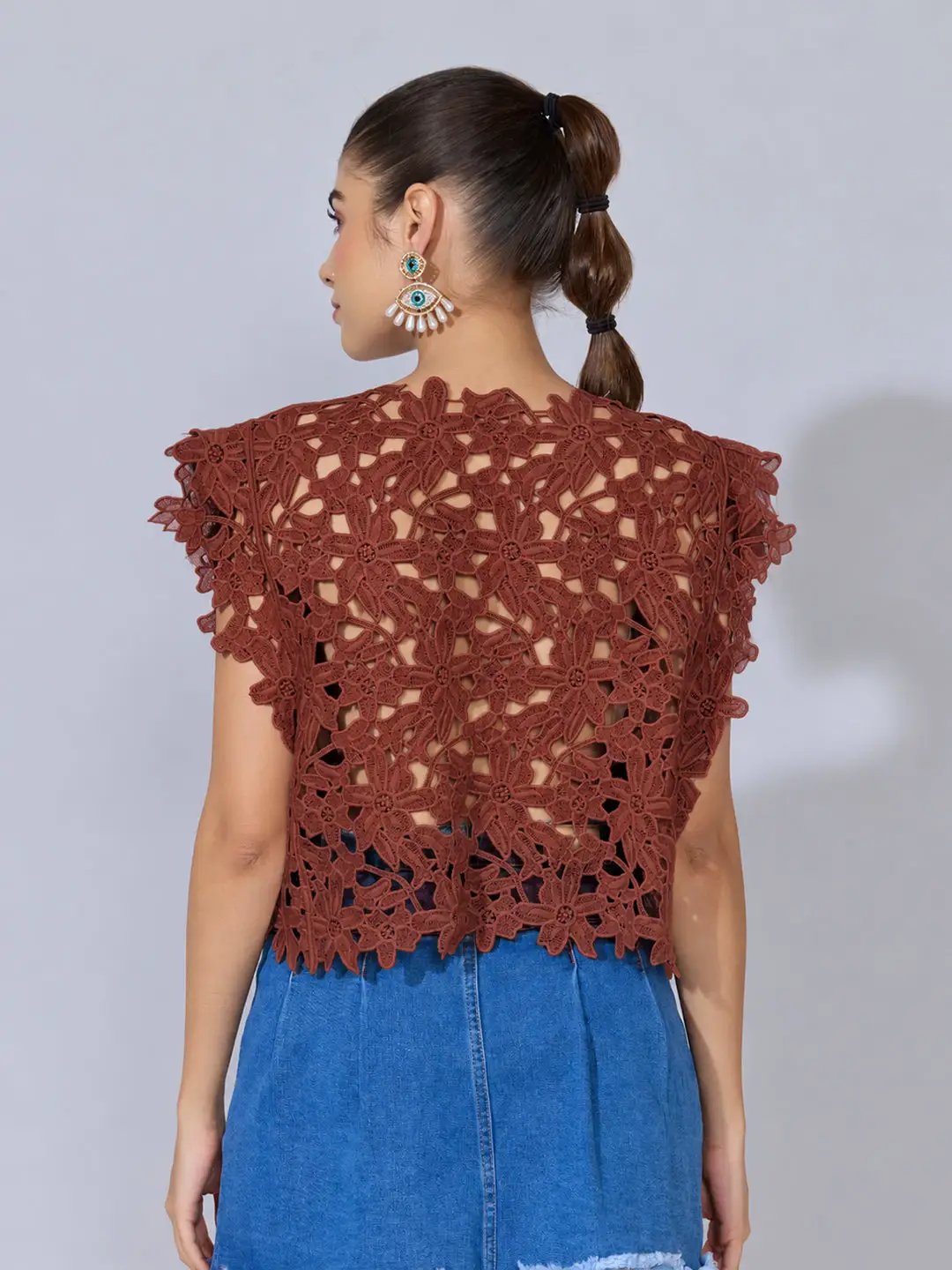 Women's Floral Crochet Rust Top with Cap Sleeves