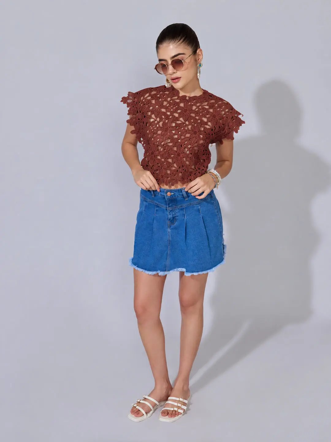 Women's Floral Crochet Rust Top with Cap Sleeves