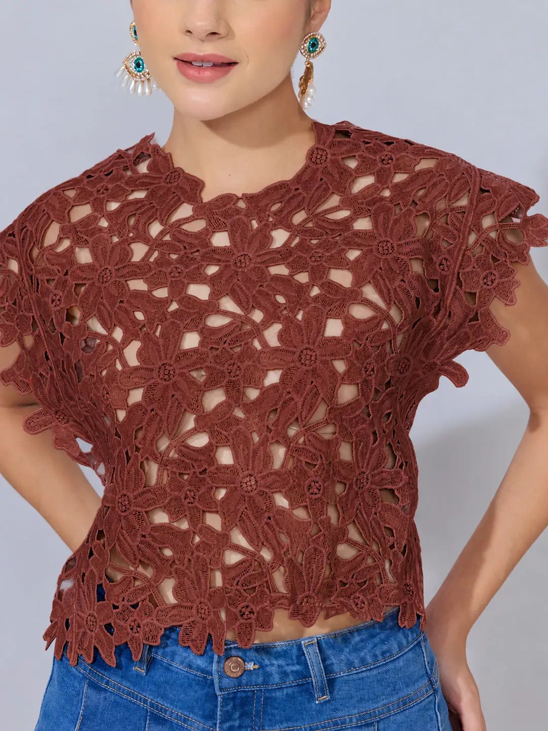 Women's Floral Crochet Rust Top with Cap Sleeves