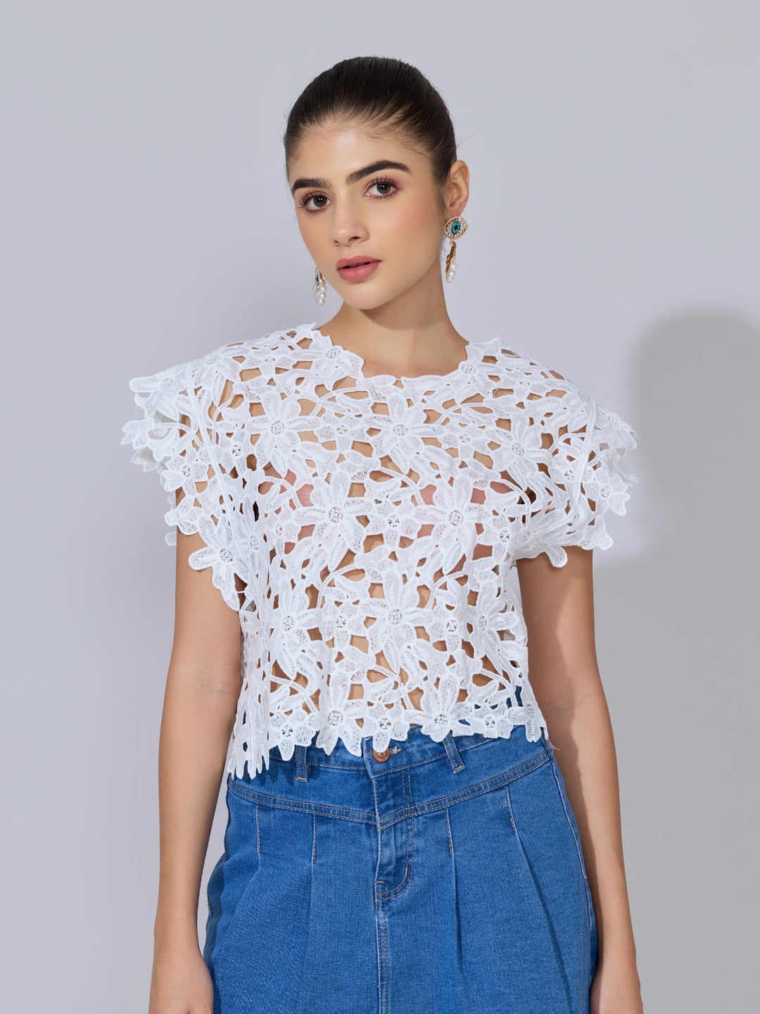 Women's Floral Crochet White Top with Cap Sleeves