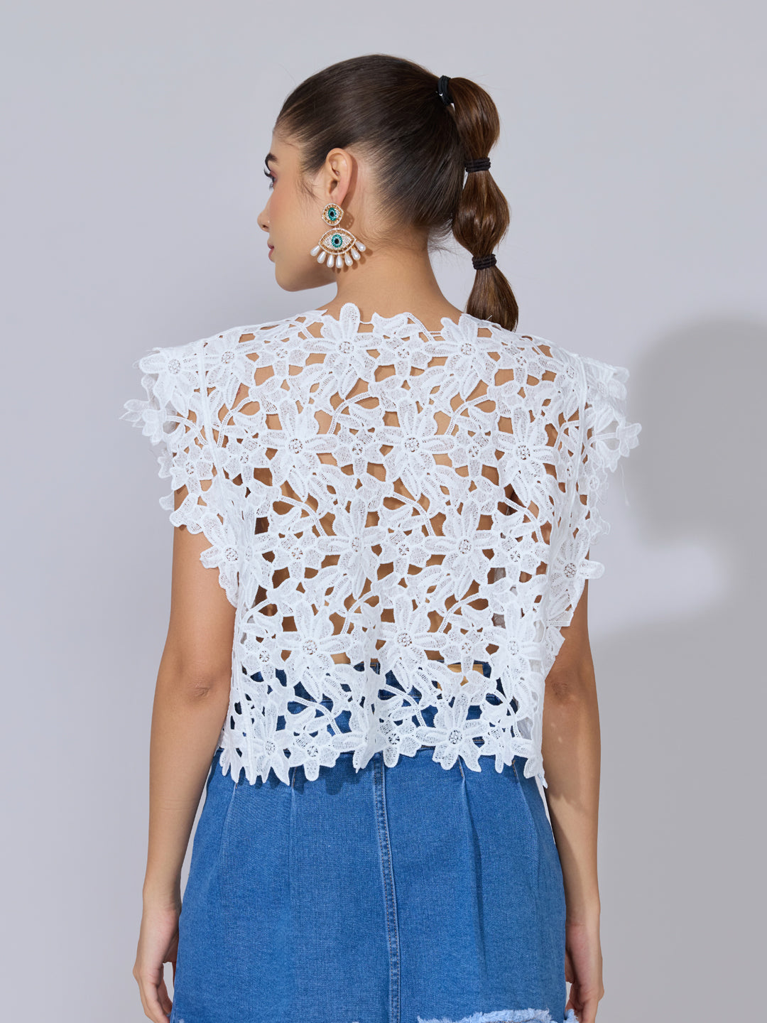Women's Floral Crochet White Top with Cap Sleeves