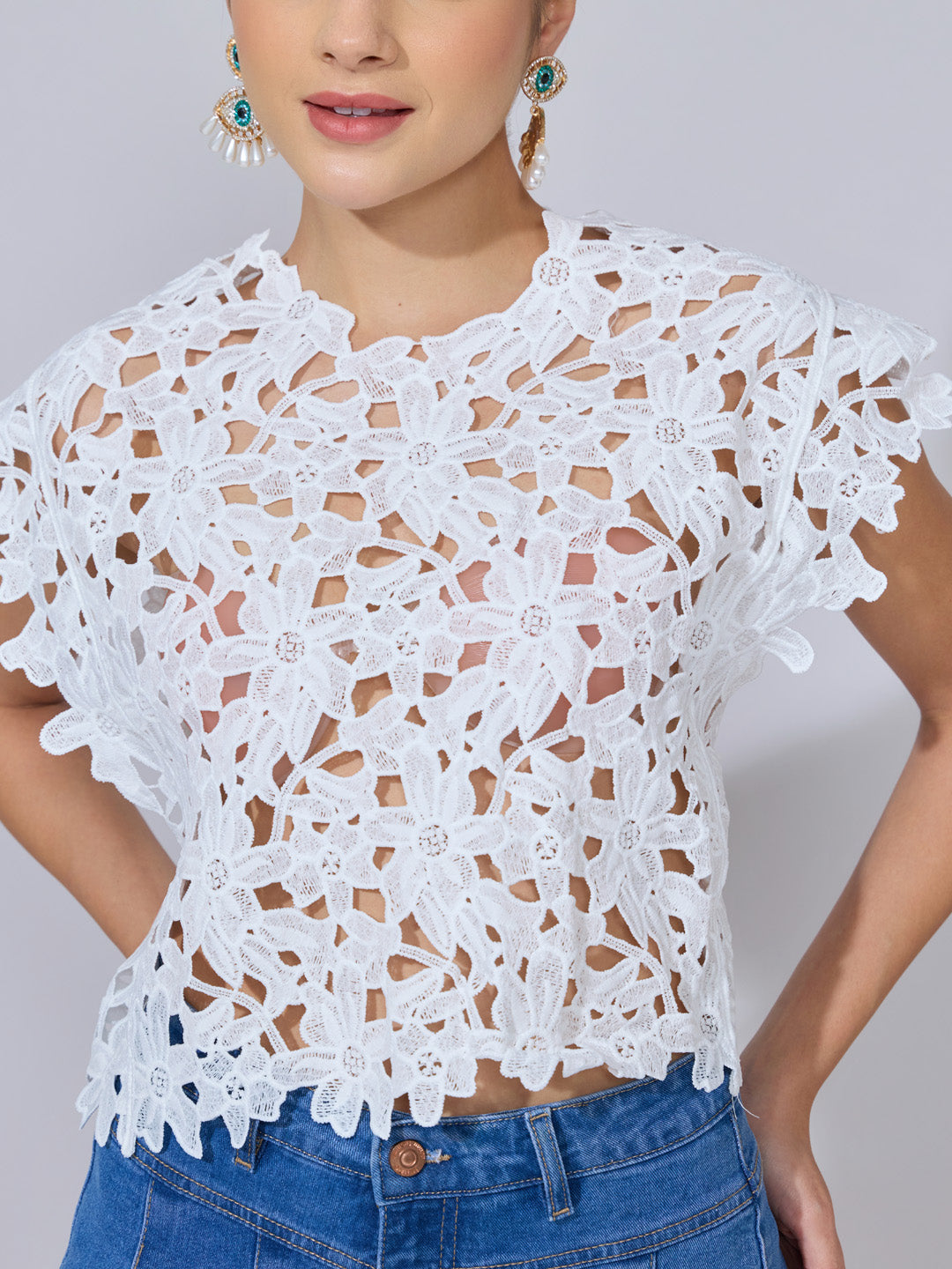Women's Floral Crochet White Top with Cap Sleeves