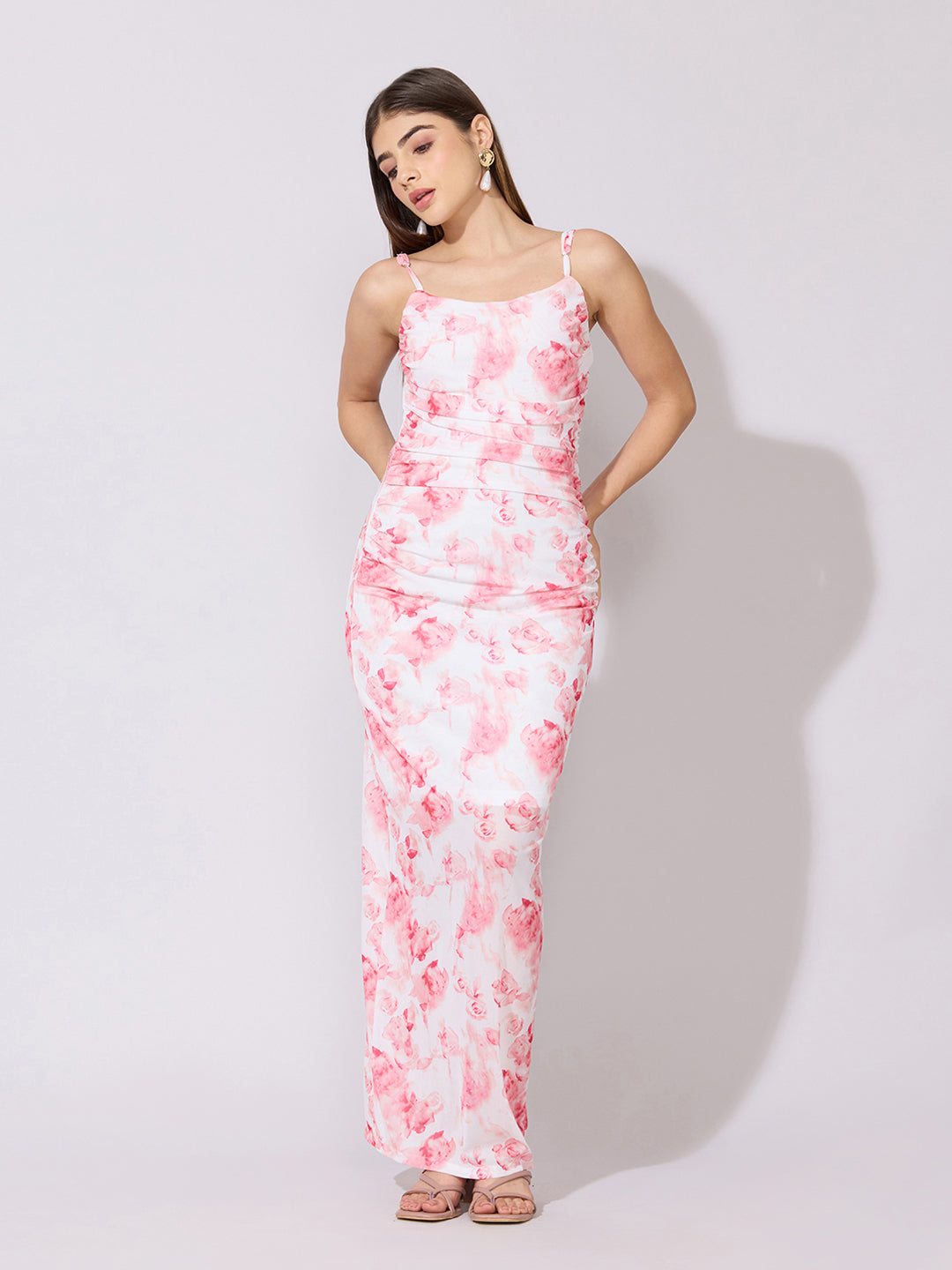 Women's Floral Pink Bodycon Ruched Maxi Dress