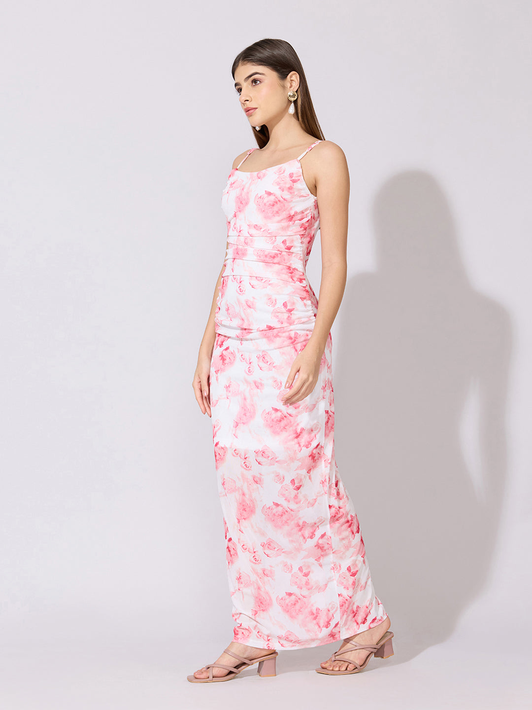 Women's Floral Pink Bodycon Ruched Maxi Dress