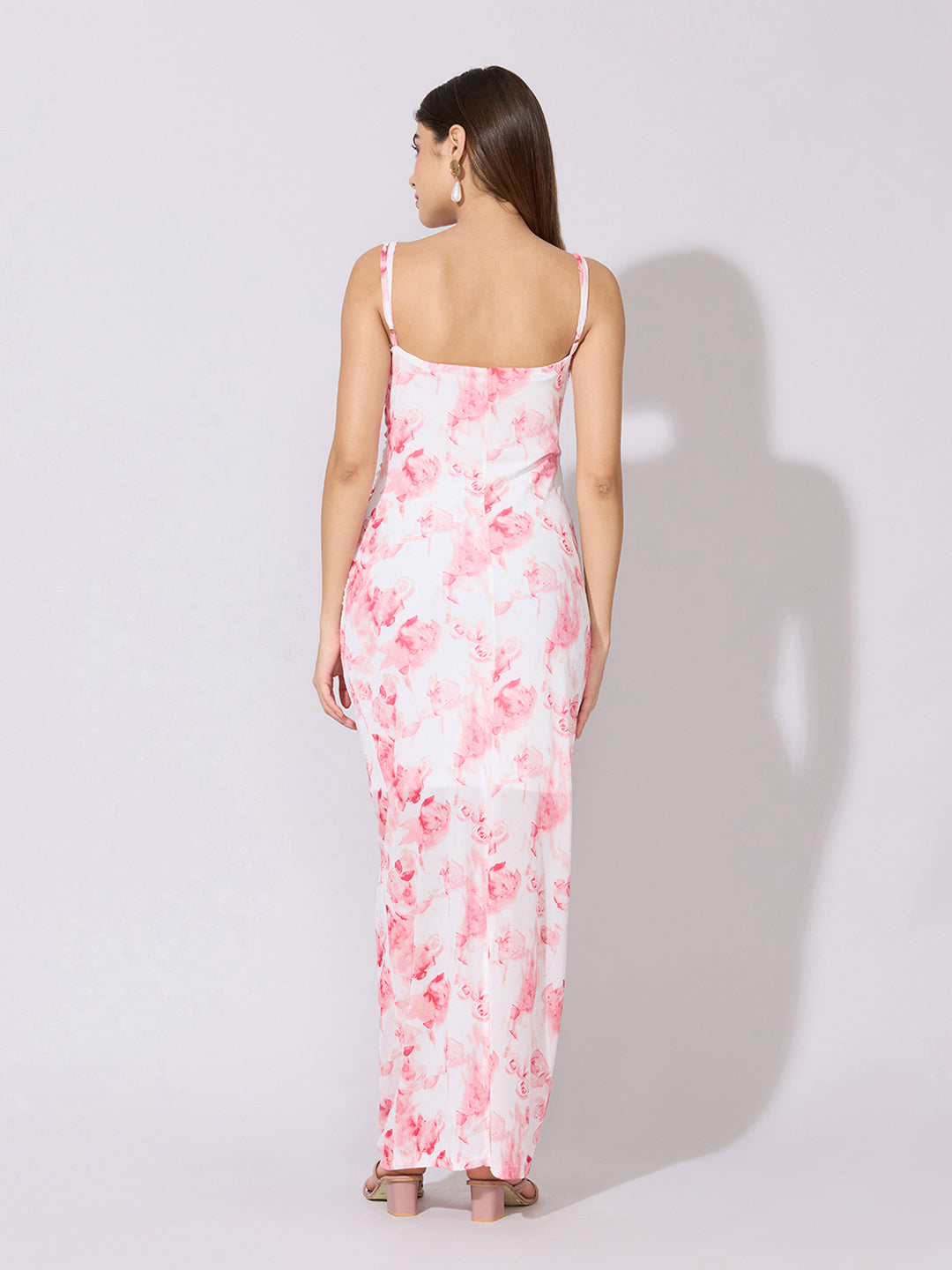 Women's Floral Pink Bodycon Ruched Maxi Dress