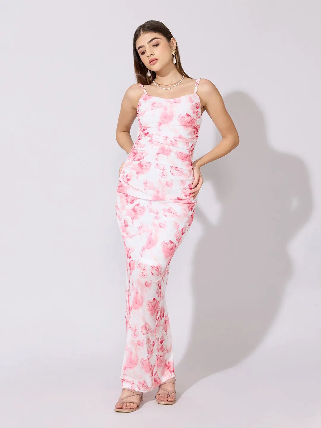 SHOWOFFFF Edition Women's Floral Pink Bodycon Ruched Maxi Dress SHOWOFFFF Edition Women's Floral Pink Bodycon Ruched Maxi Dress