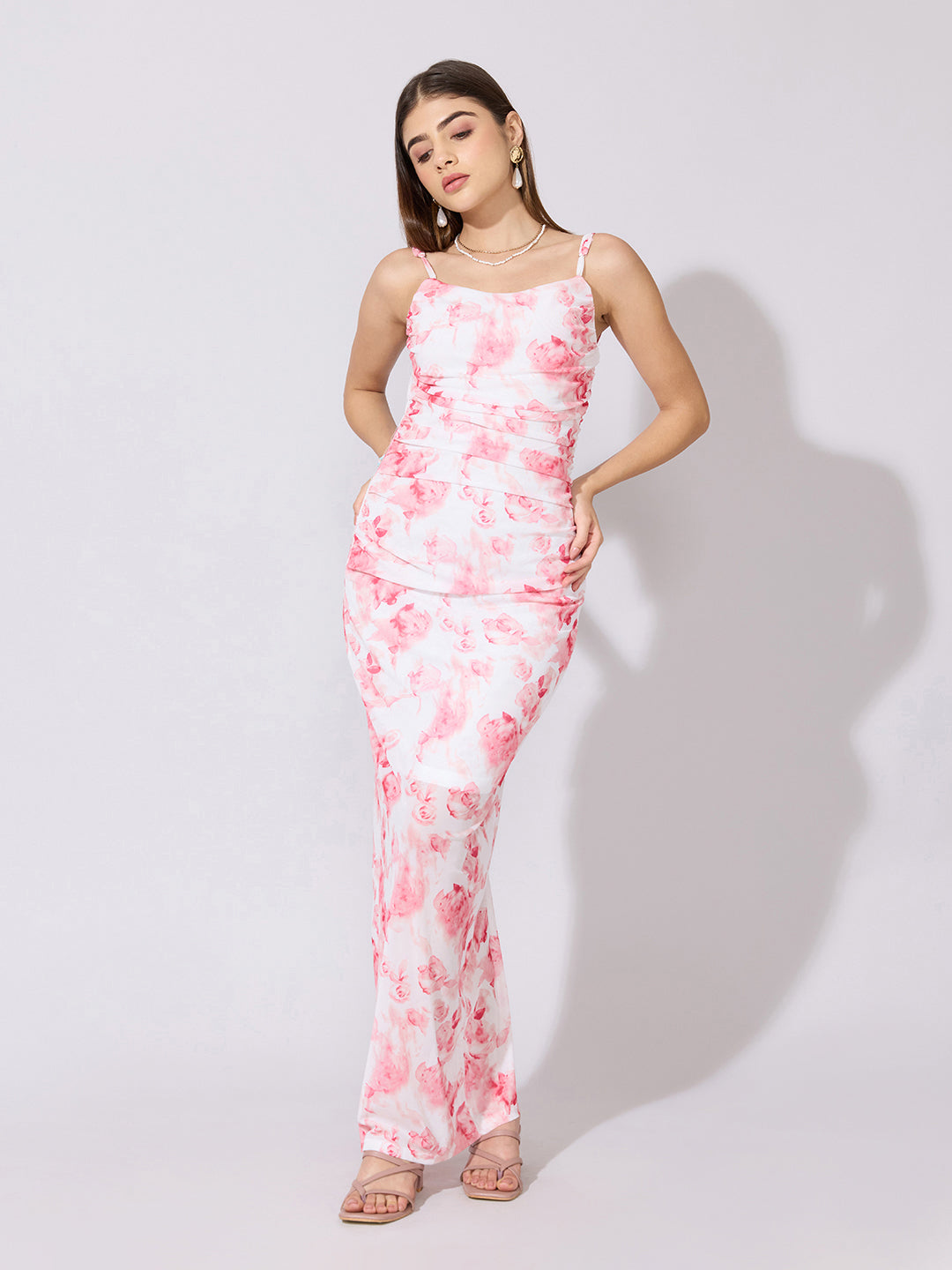 Women's Floral Pink Bodycon Ruched Maxi Dress