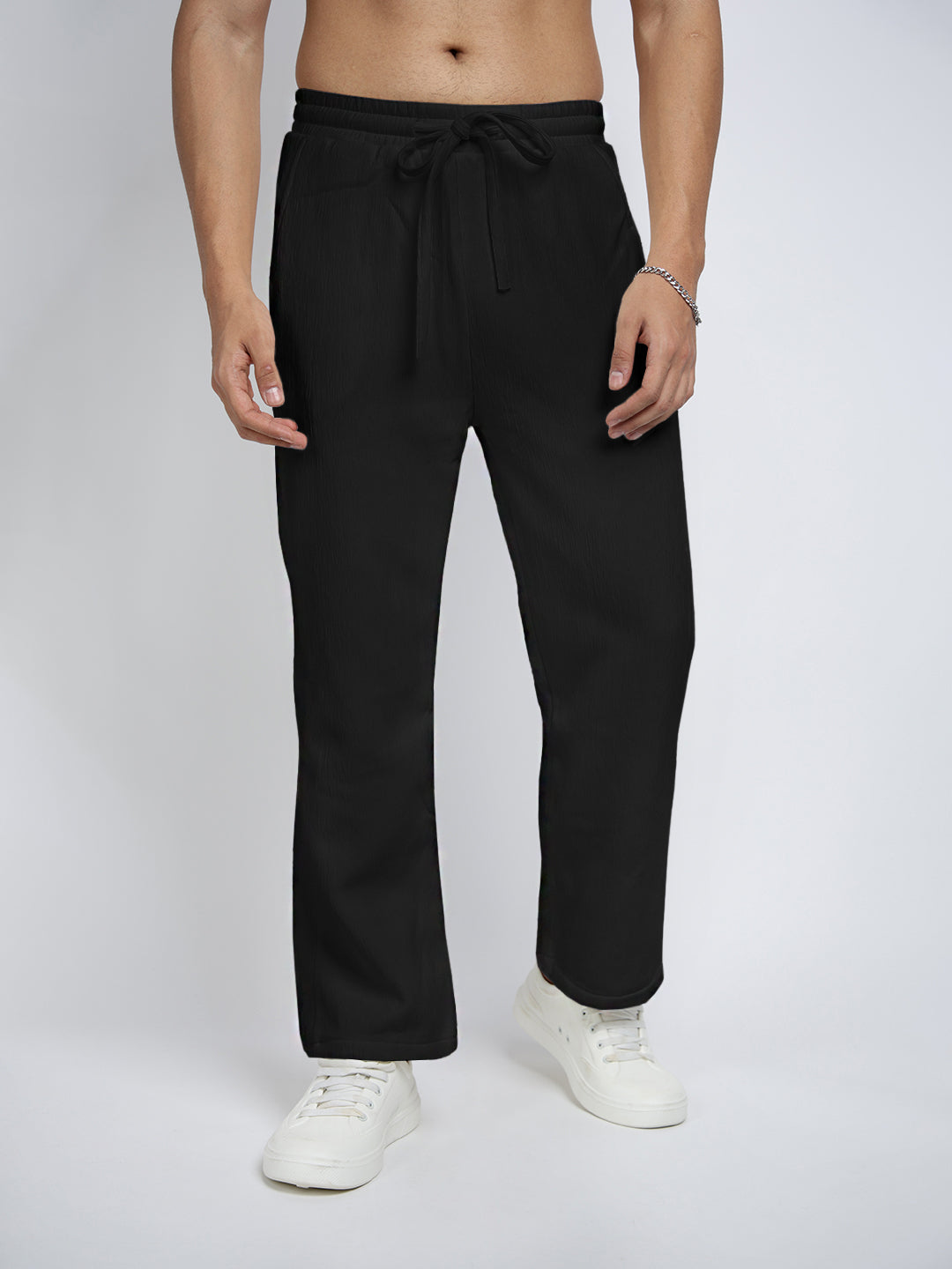 Men's Black Textured Straight Fit Trousers with Elasticated Waist and Drawstring