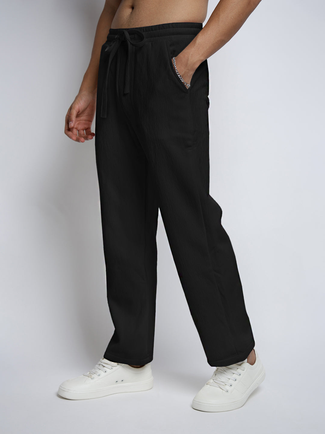 Men's Black Textured Straight Fit Trousers with Elasticated Waist and Drawstring