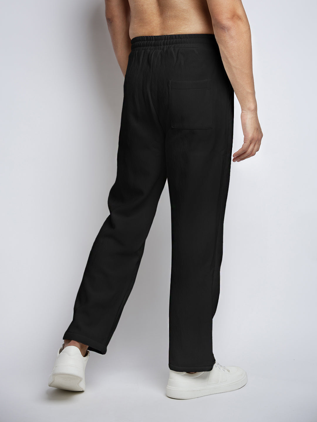 Men's Black Textured Straight Fit Trousers with Elasticated Waist and Drawstring