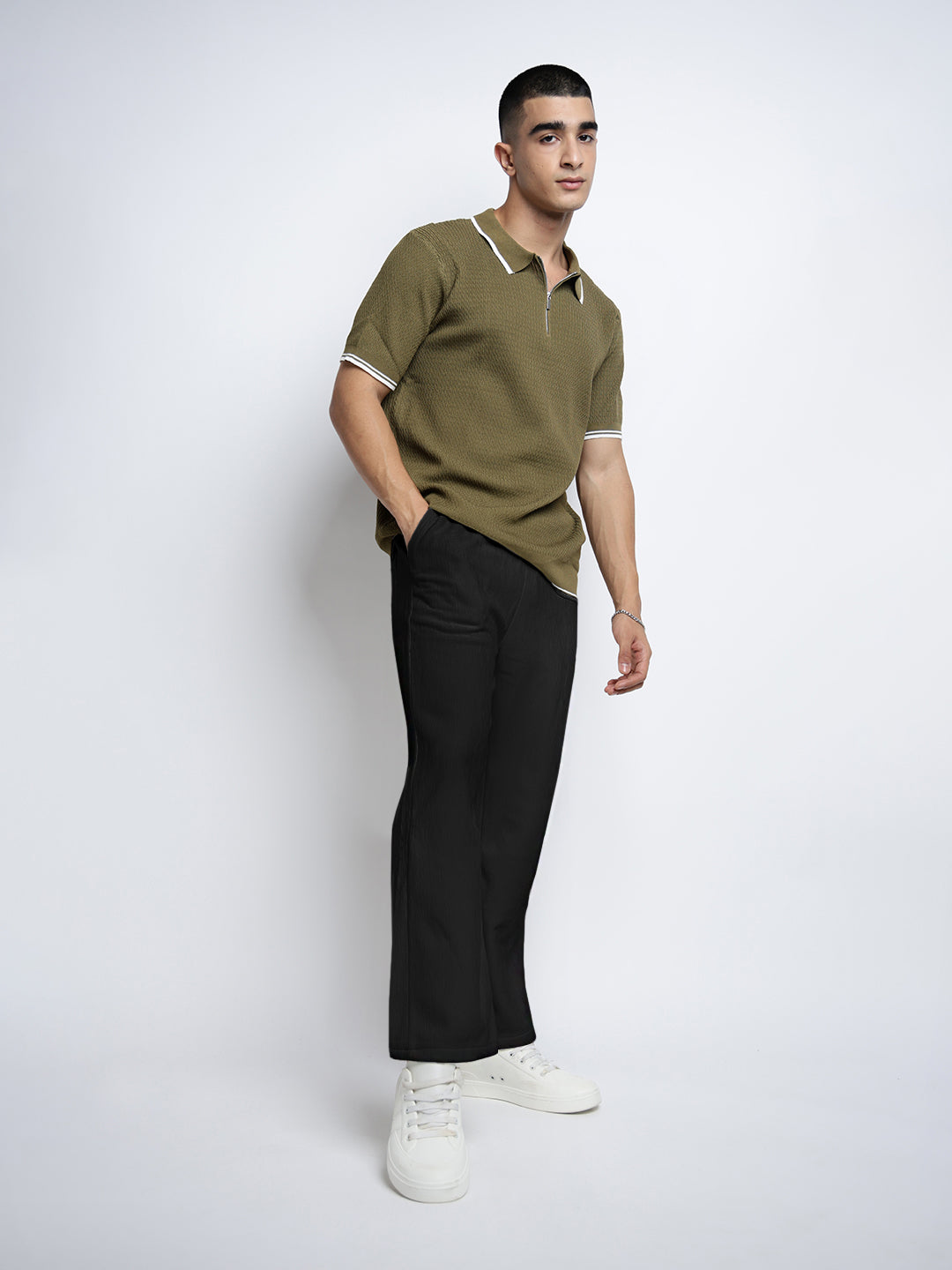 Men's Black Textured Straight Fit Trousers with Elasticated Waist and Drawstring