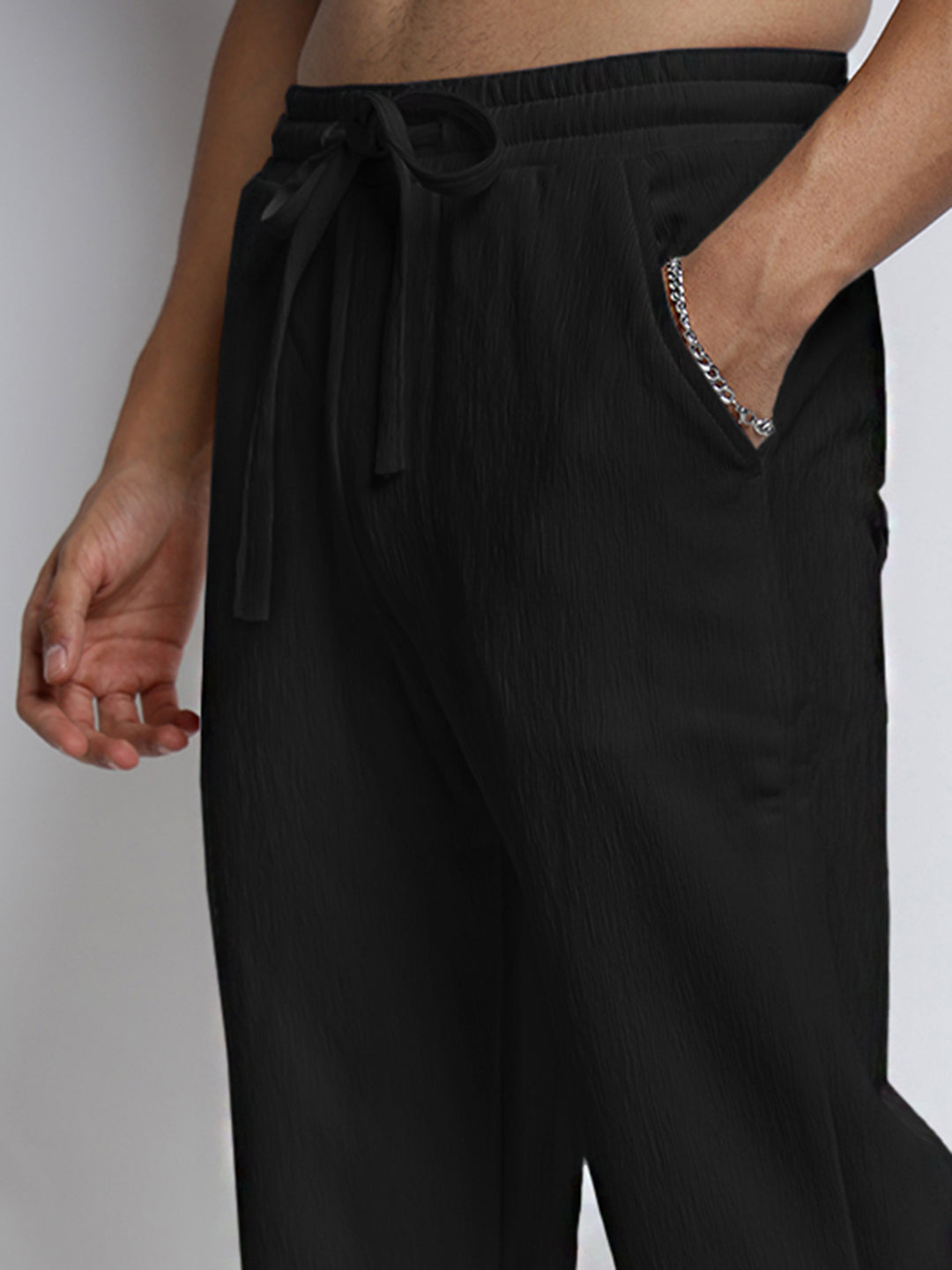 Men's Black Textured Straight Fit Trousers with Elasticated Waist and Drawstring