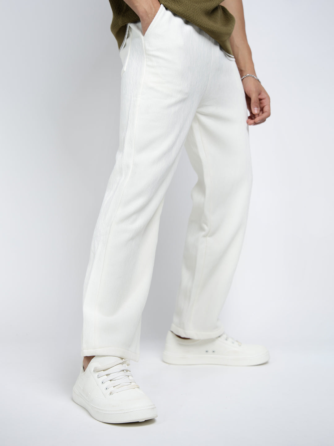 Men's White Textured Straight Fit Trousers with Elasticated Waist and Drawstring