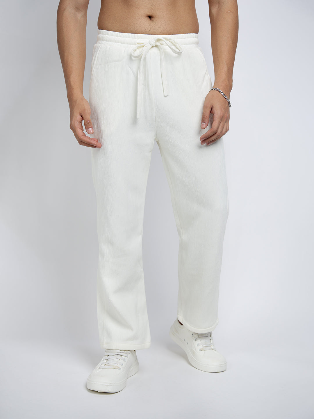 Men's White Textured Straight Fit Trousers with Elasticated Waist and Drawstring