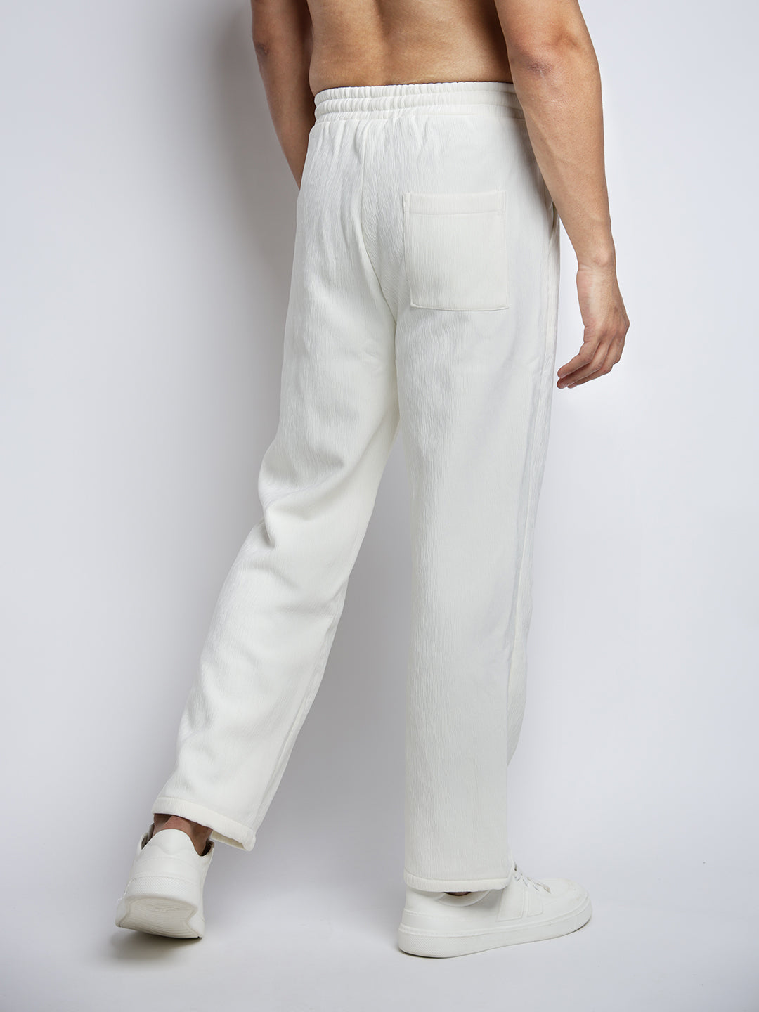 Men's White Textured Straight Fit Trousers with Elasticated Waist and Drawstring