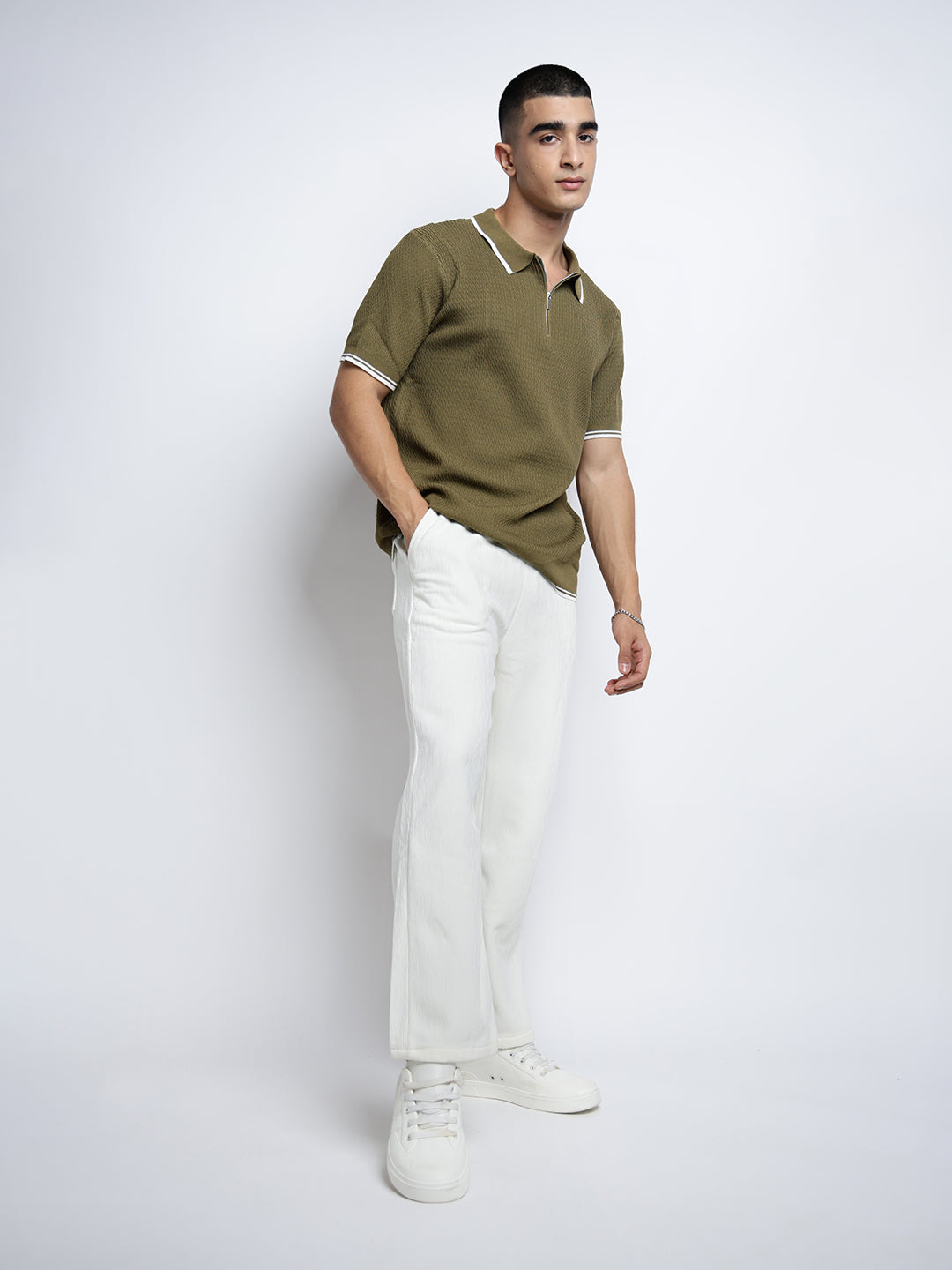 Men's White Textured Straight Fit Trousers with Elasticated Waist and Drawstring