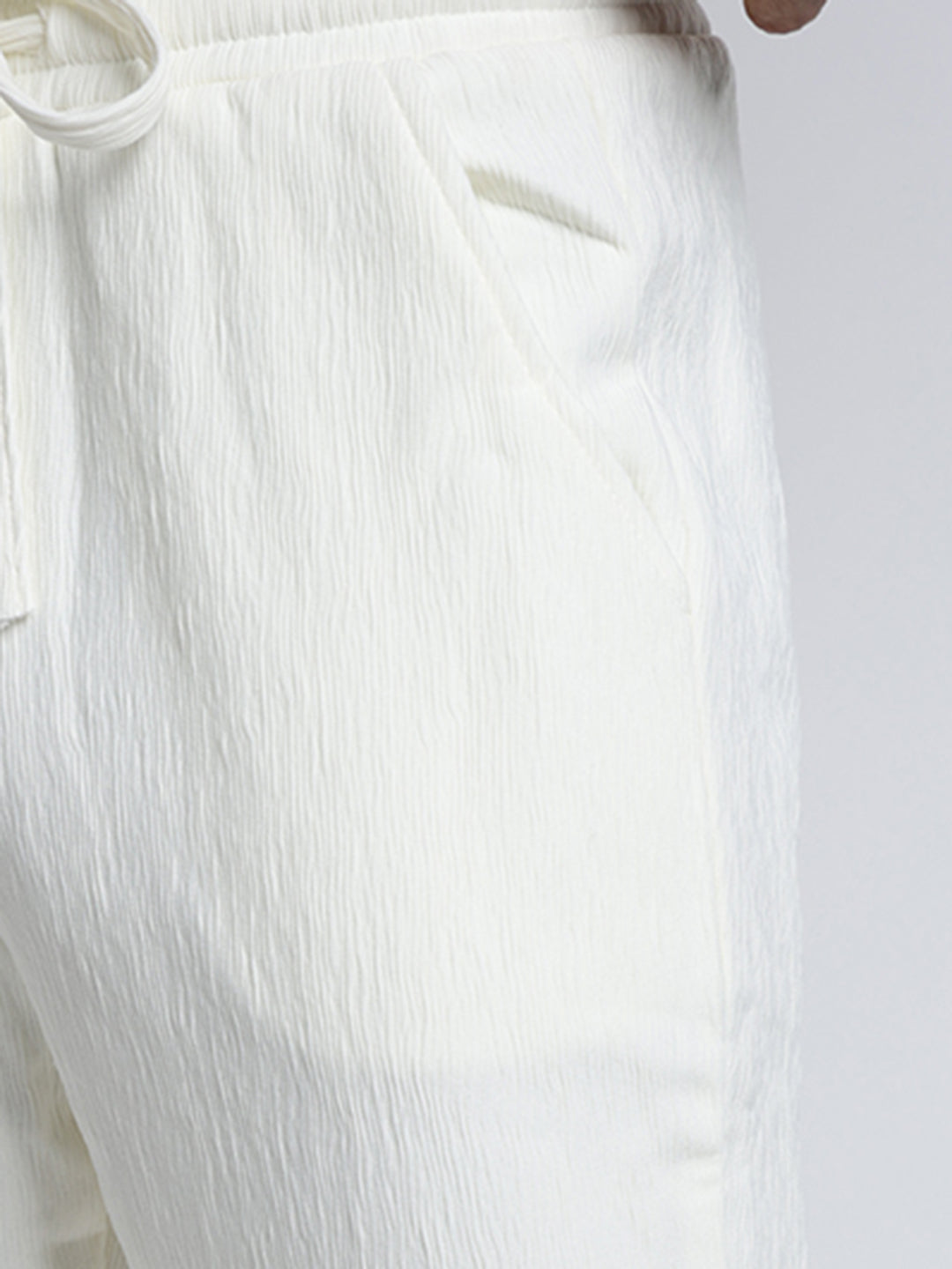 Men's White Textured Straight Fit Trousers with Elasticated Waist and Drawstring