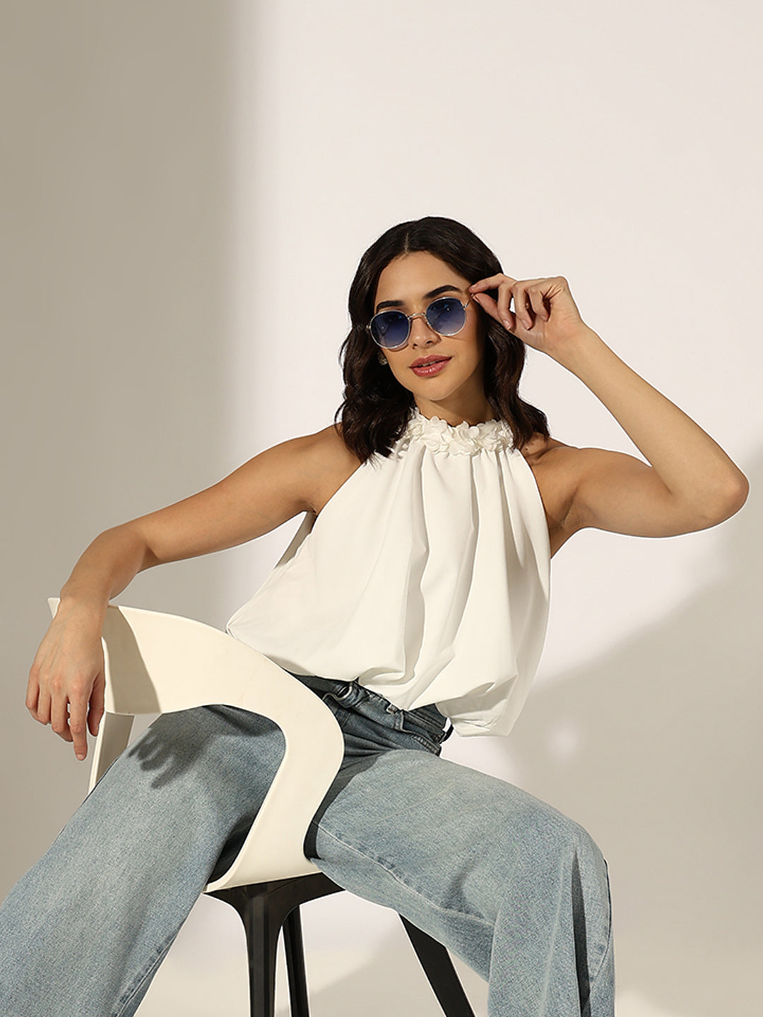 Women's White Floral Applique Halter Neck Crop Top