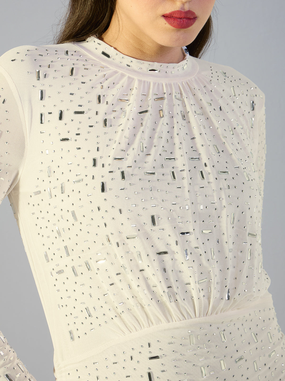 Women's Sequin Cream Mini Bodycon Mesh Dress