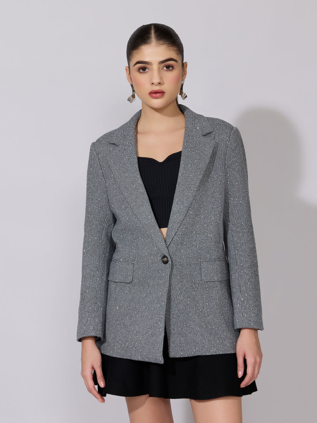 Women's Textured Grey Single Breasted Blazer