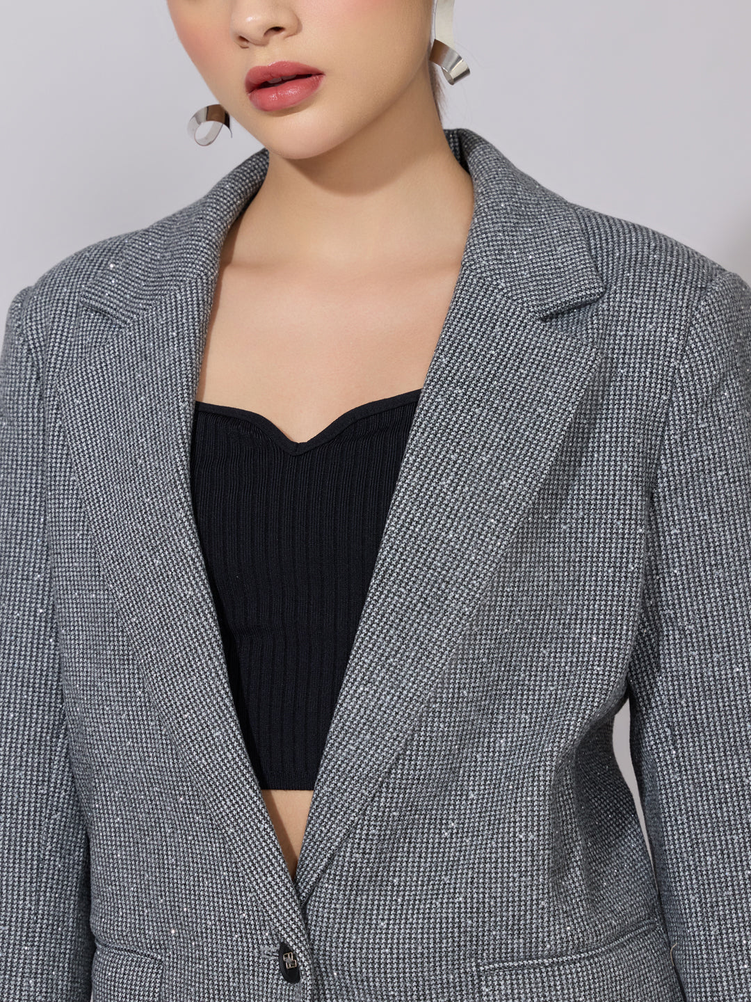 Women's Textured Grey Single Breasted Blazer