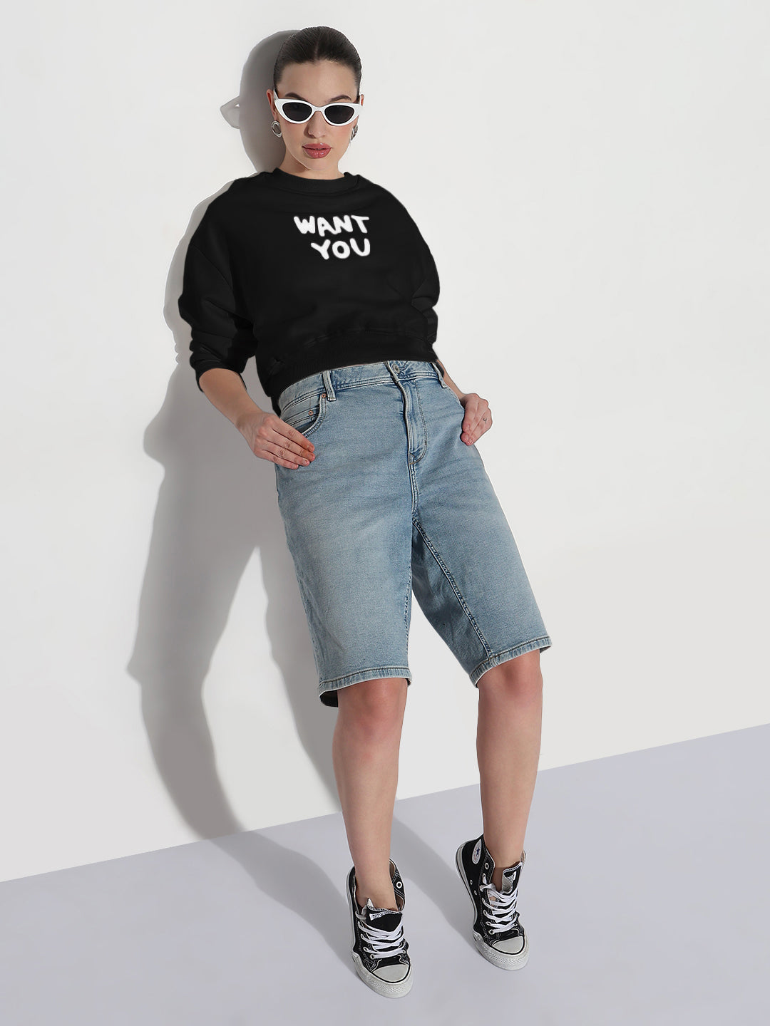 Women's Typography Embroidered Black Crew Neck Crop Top