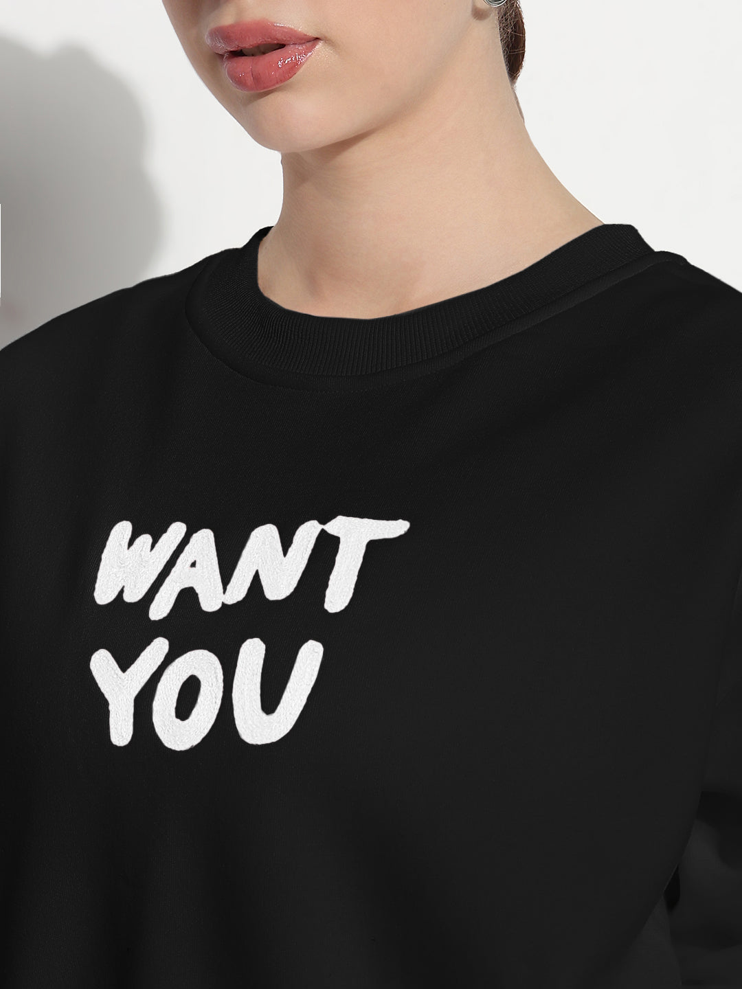 Women's Typography Embroidered Black Crew Neck Crop Top