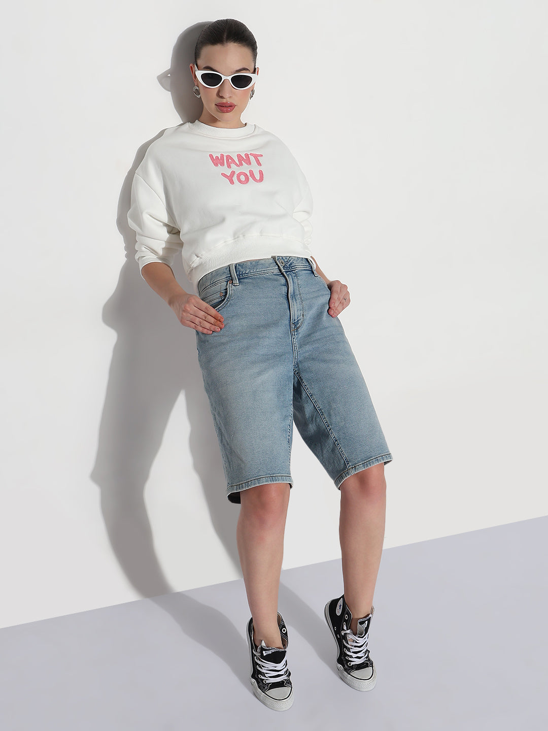 Women's Typography Embroidered White Crew Neck Crop Top