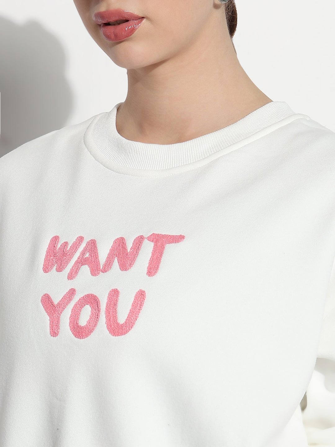 Women's Typography Embroidered White Crew Neck Crop Top