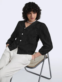 Women's Black Floral Textured V-Neck Top with Pearl Button